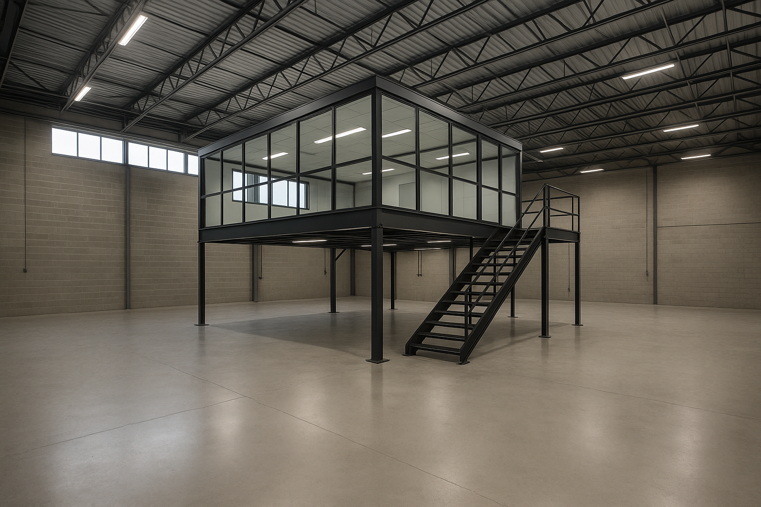 A wide-angle interior view of a modern GTA industrial warehouse showing a freestanding steel mezzanine with glazed office enclosure above a concrete f