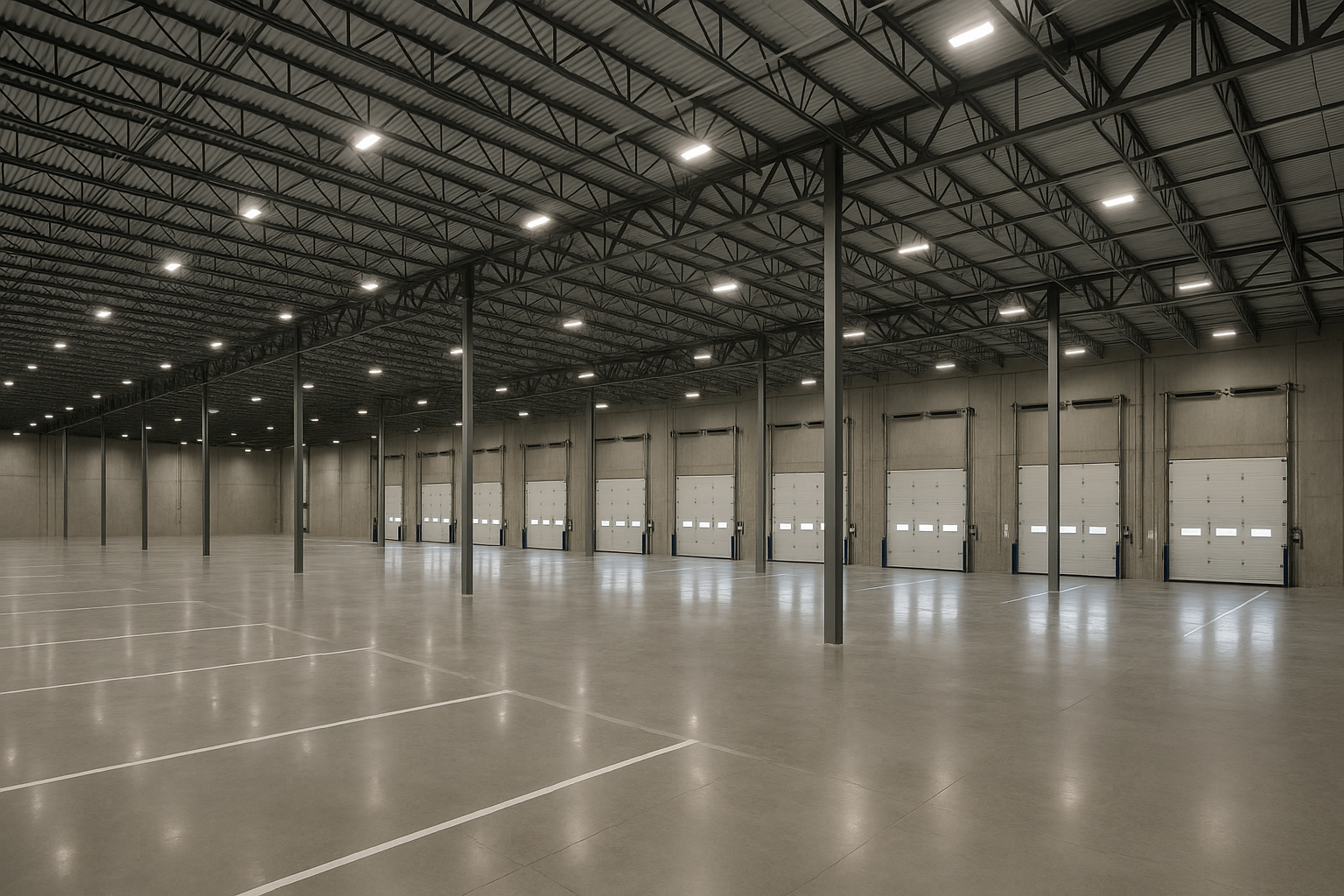 Wide-angle interior view of a modern GTA speculative warehouse showing recessed dock doors with hydraulic levellers along a full-length loading wall, 