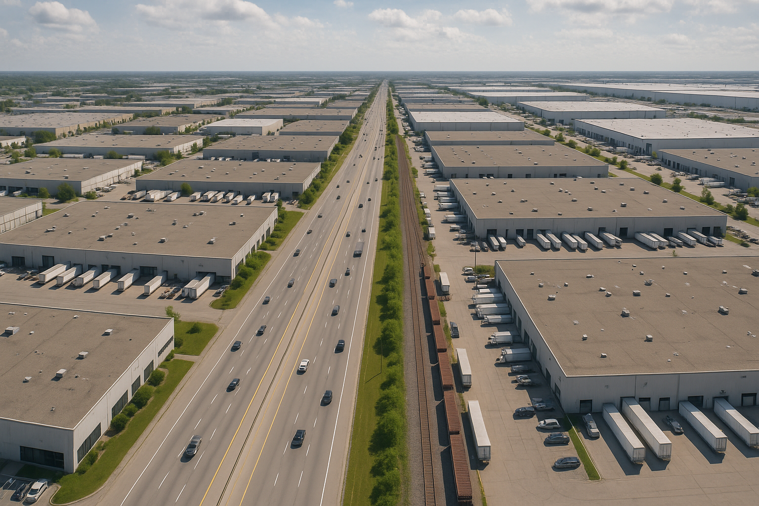 Aerial view of a dense GTA industrial corridor along a multi-lane highway, showing low-rise warehouse rooftops, truck courts, and rail spurs extending