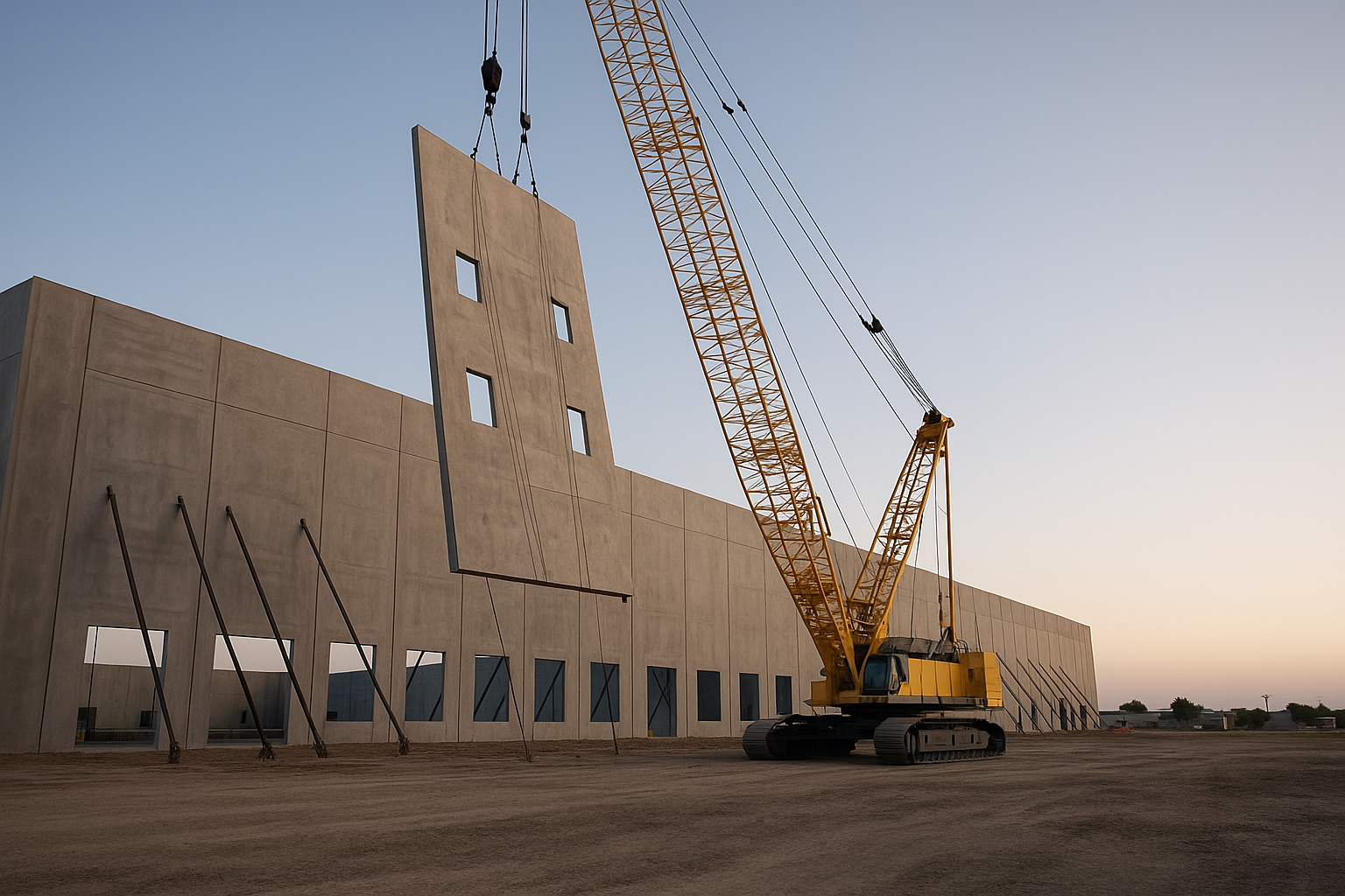 A wide-angle ground-level view of a large tilt-up concrete industrial building under construction in a flat suburban setting, with a crane lifting a c